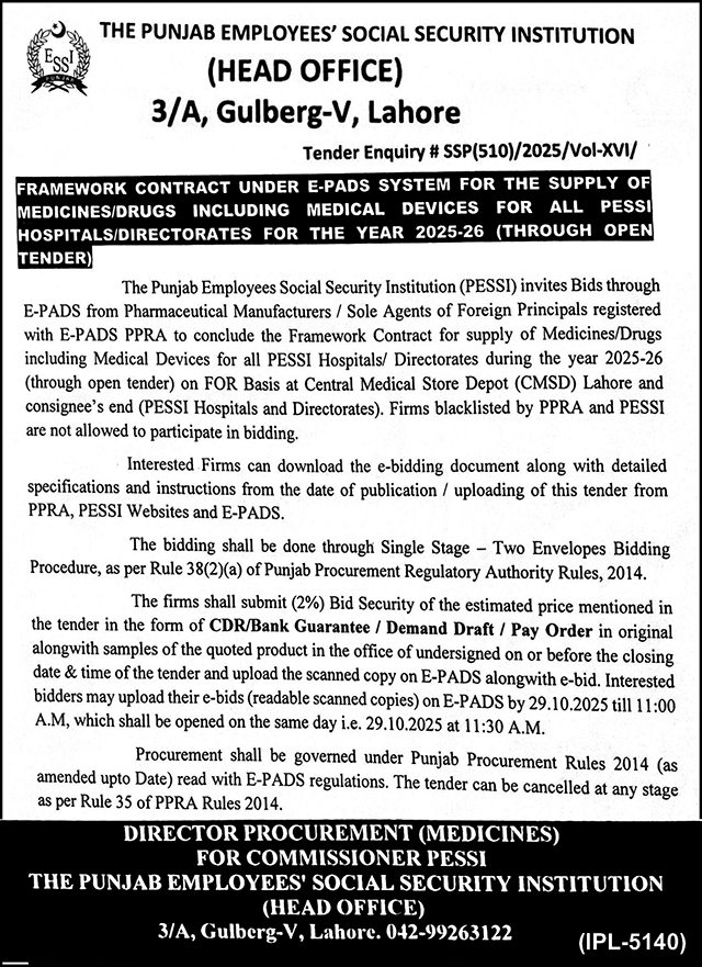 The Punjab Employees Social Security Institution Lahore Tender Notice